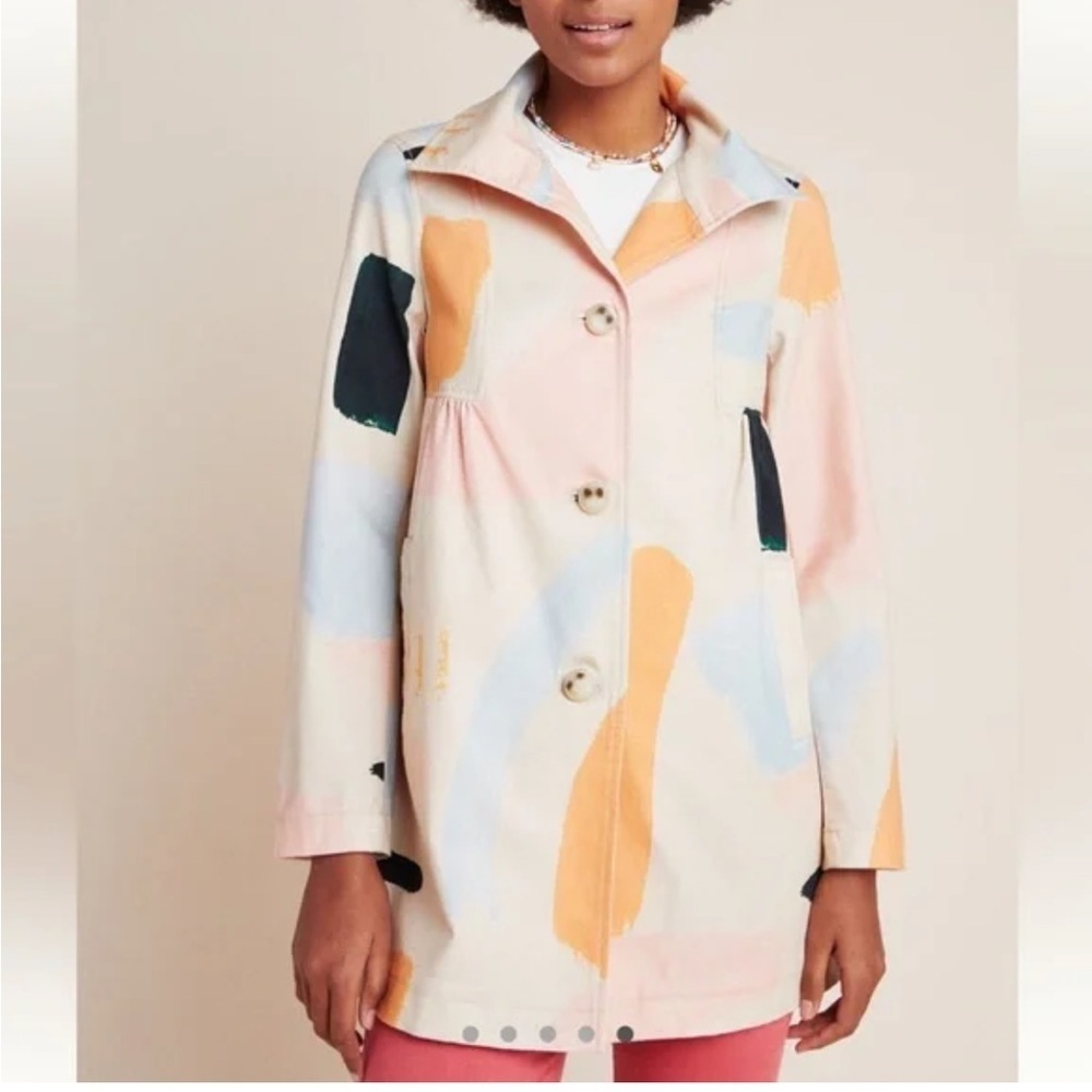 ANTHROPOLOGIE | Trench Coat Jacket Moglea Daybreak Abstract Painter Size 4
